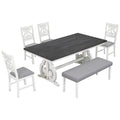 6 Piece Wooden Dining Table Set, Farmhouse Rectangular Dining Table, Four Chairs With Exquisitely Designed Hollow Chair Back And Bench For Home Dining Room Gray White White Gray Solid Wood
