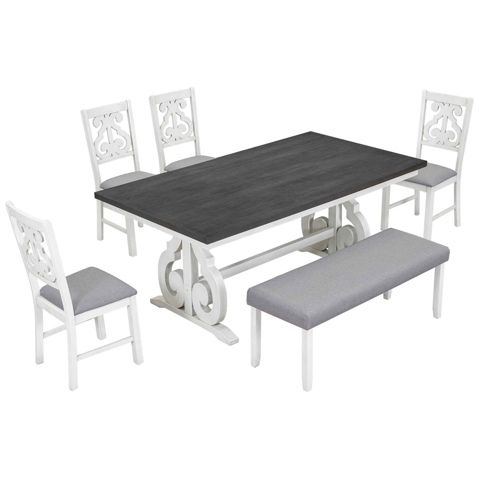 6 Piece Wooden Dining Table Set, Farmhouse Rectangular Dining Table, Four Chairs With Exquisitely Designed Hollow Chair Back And Bench For Home Dining Room Gray White White Gray Solid Wood