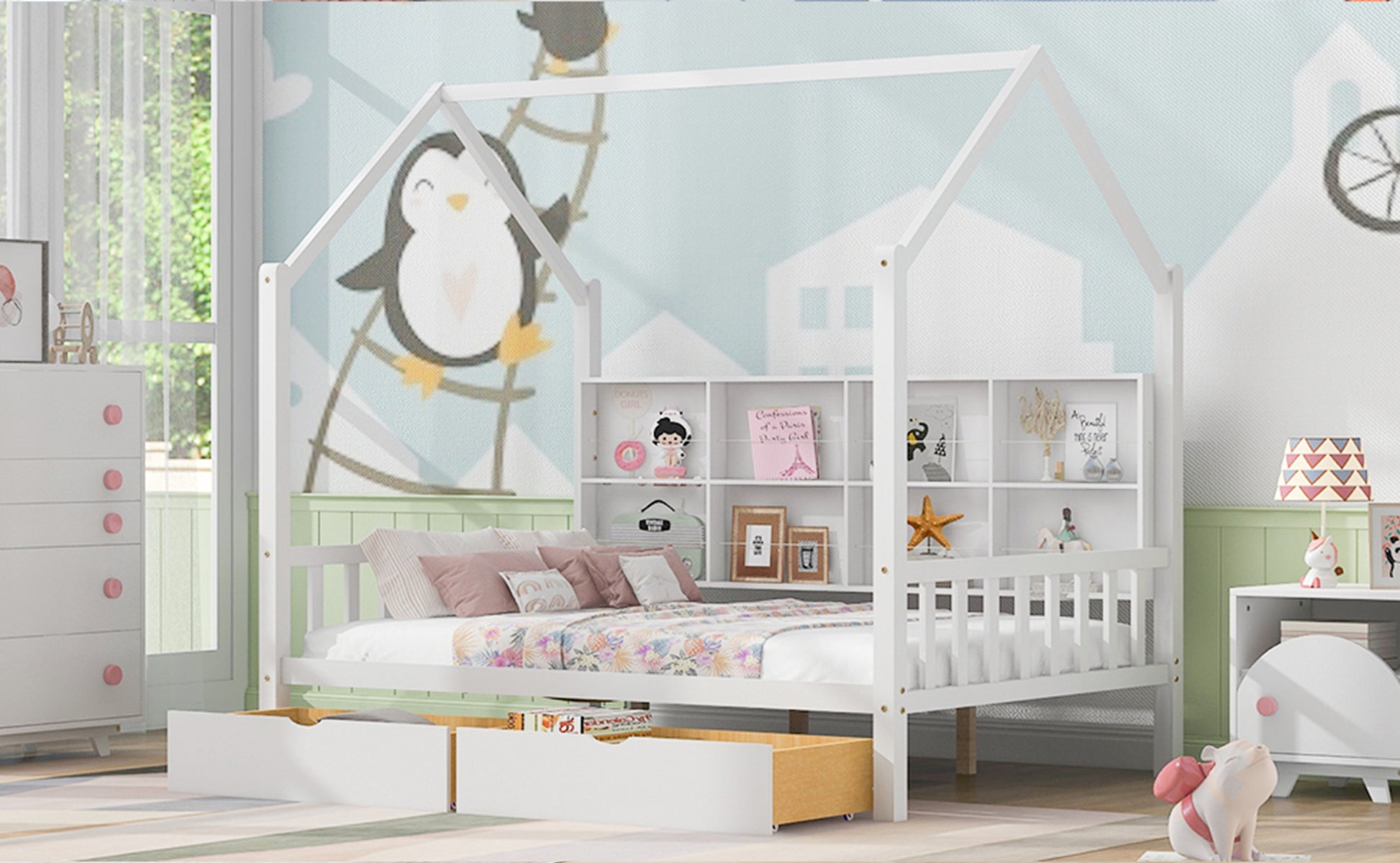 Wooden Full Size House Bed With 2 Drawers,Kids Bed With Storage Shelf, White Expected Arrival Time: 5.15 White Solid Wood