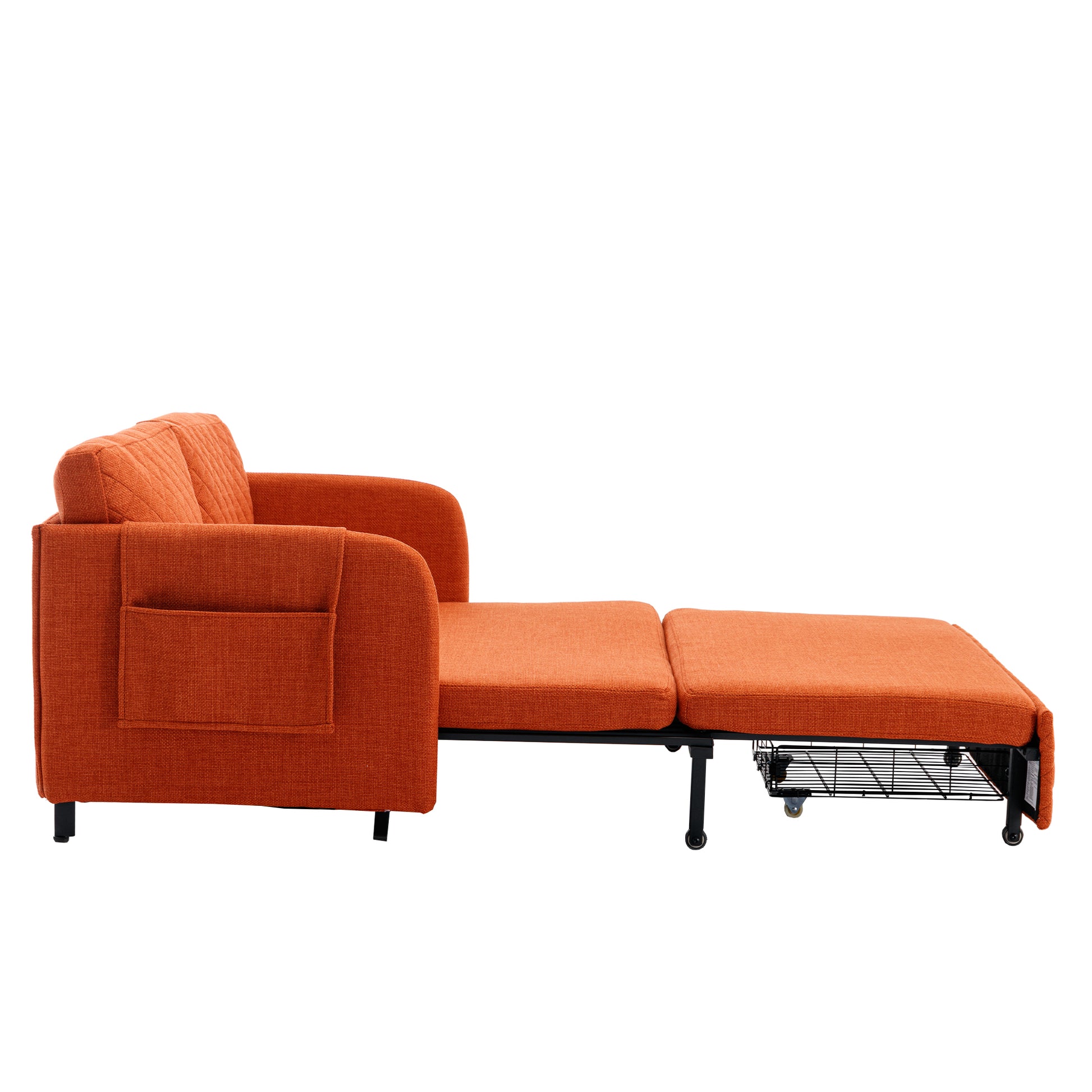 Coolmore Convertible Sleeper Sofa Bed, Modern Velvet Loveseat Couch With Pull Out Bed, Small Beautiful Seat Futon Sofa Bed With Headboard, 2 Pillows & Side Pockets For Living Room Orange Linen