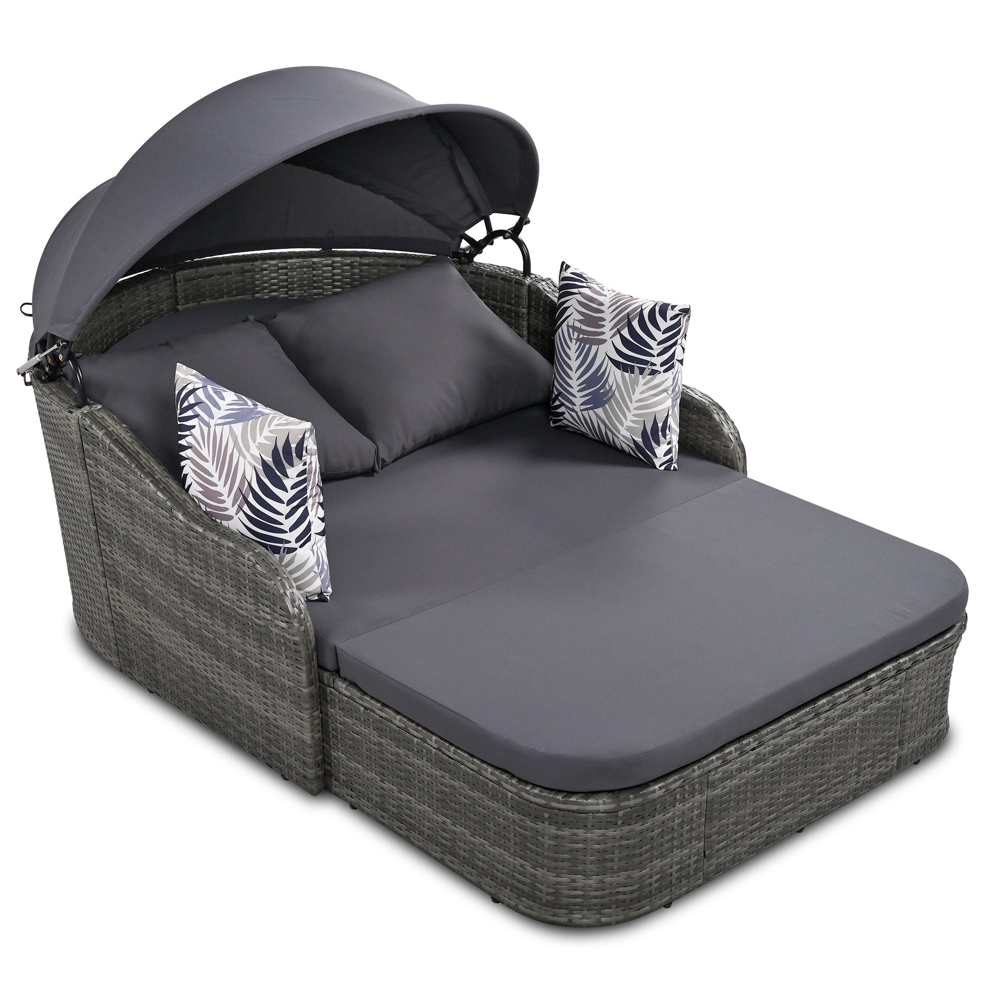 79.9" Outdoor Sunbed With Adjustable Canopy, Double Lounge, Pe Rattan Daybed, Gray Wicker And Cushion Yes Gray Wicker