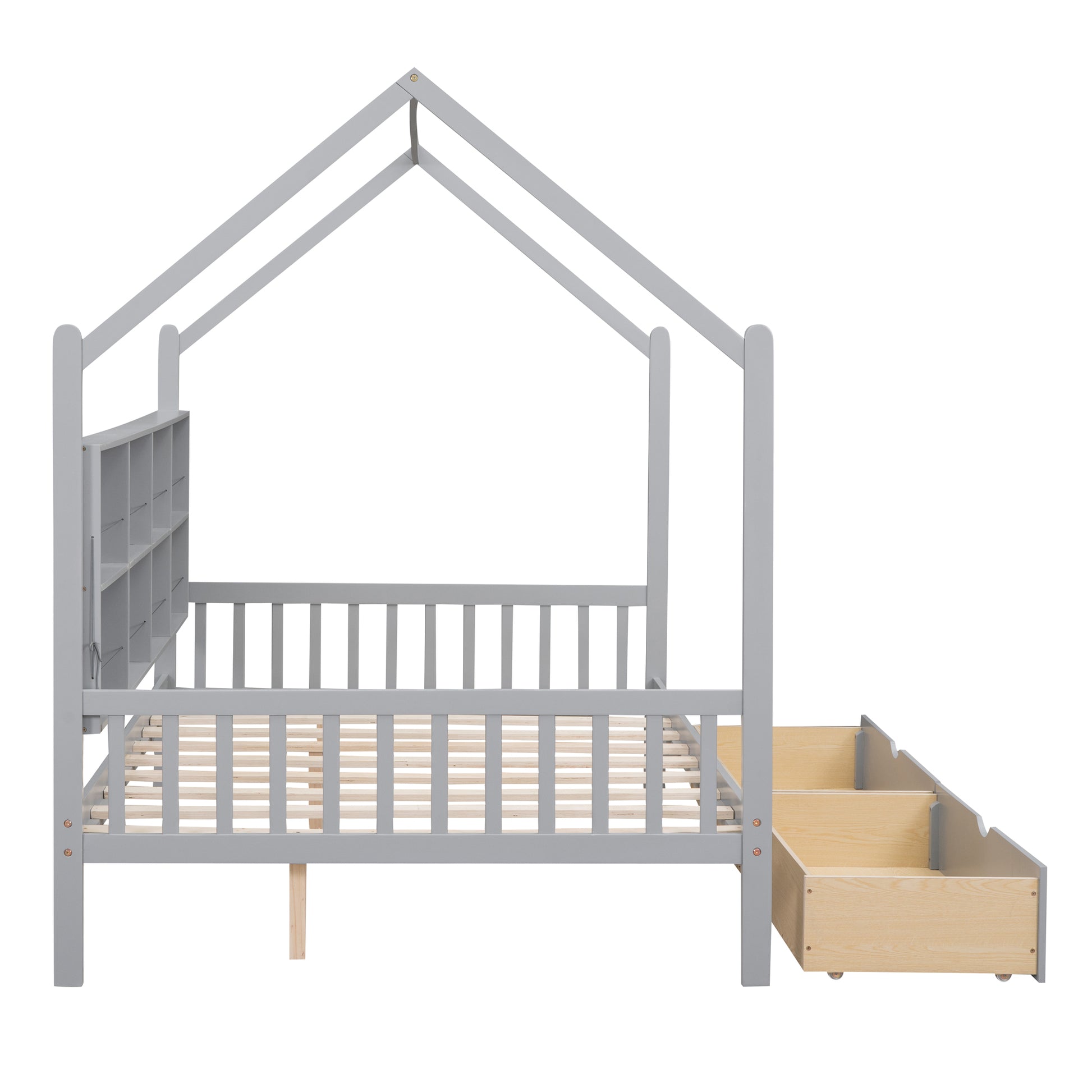 Wooden Full Size House Bed With 2 Drawers,Kids Bed With Storage Shelf, Gray Expected Arrival Time: 5.15 Gray Solid Wood