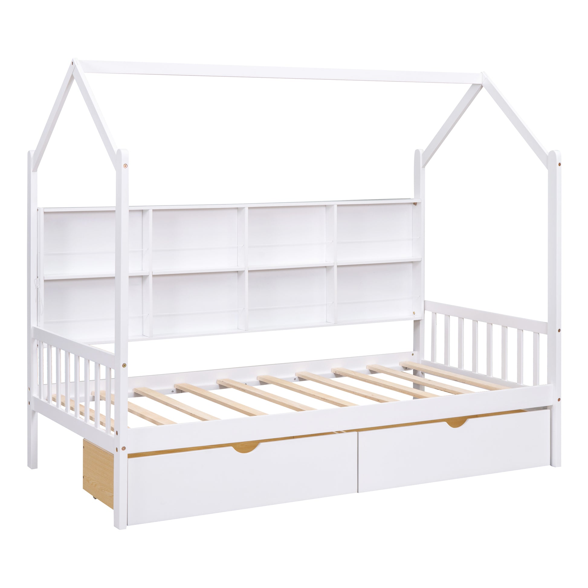 Wooden Twin Size House Bed With 2 Drawers,Kids Bed With Storage Shelf, White Twin White Solid Wood