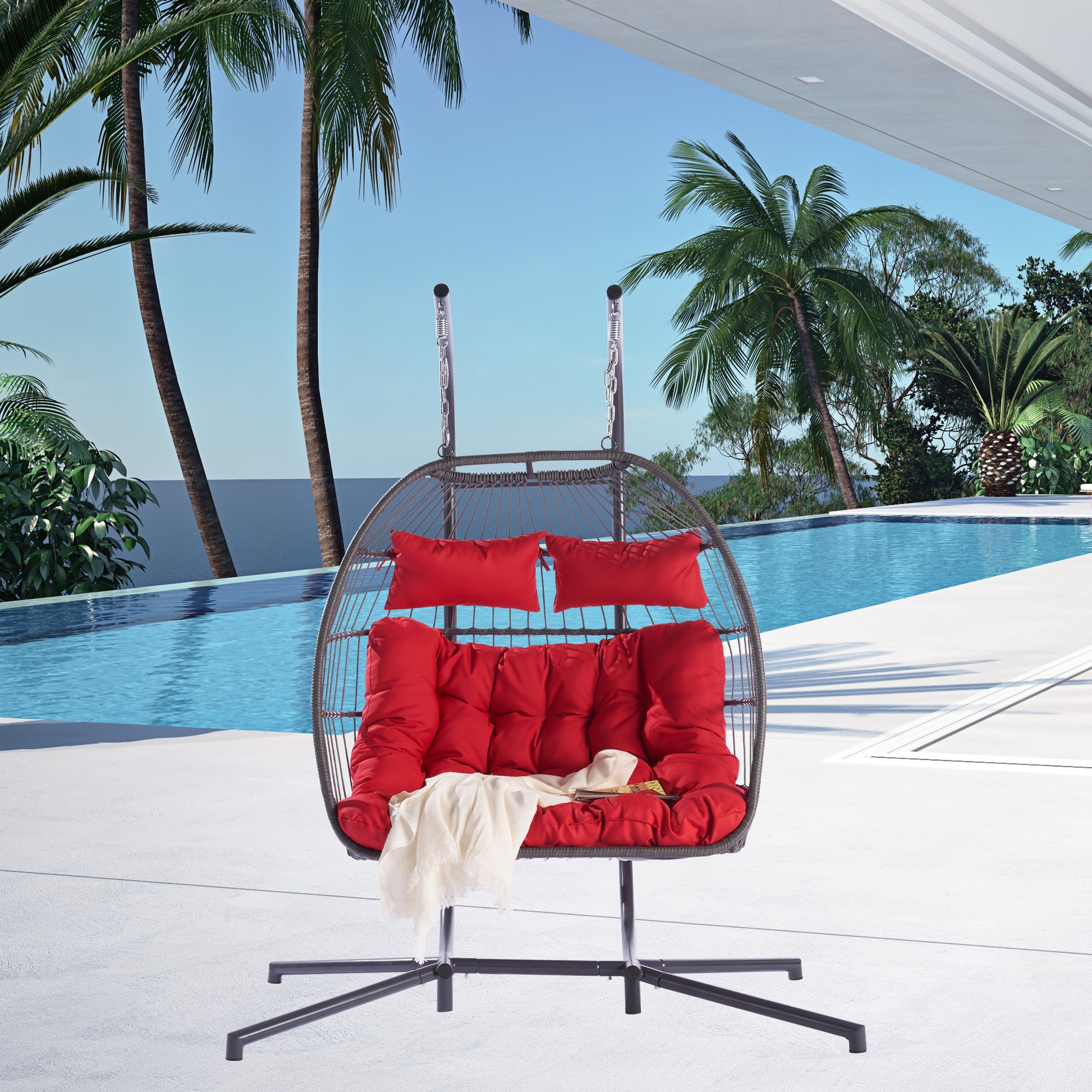 2 Person Outdoor Rattan Hanging Chair Patio Wicker Egg Chair Yes Sectional Red Uv Resistant Frame Water Resistant Cushion Garden & Outdoor American Design 2 Person Seating Group Polyester Rattan