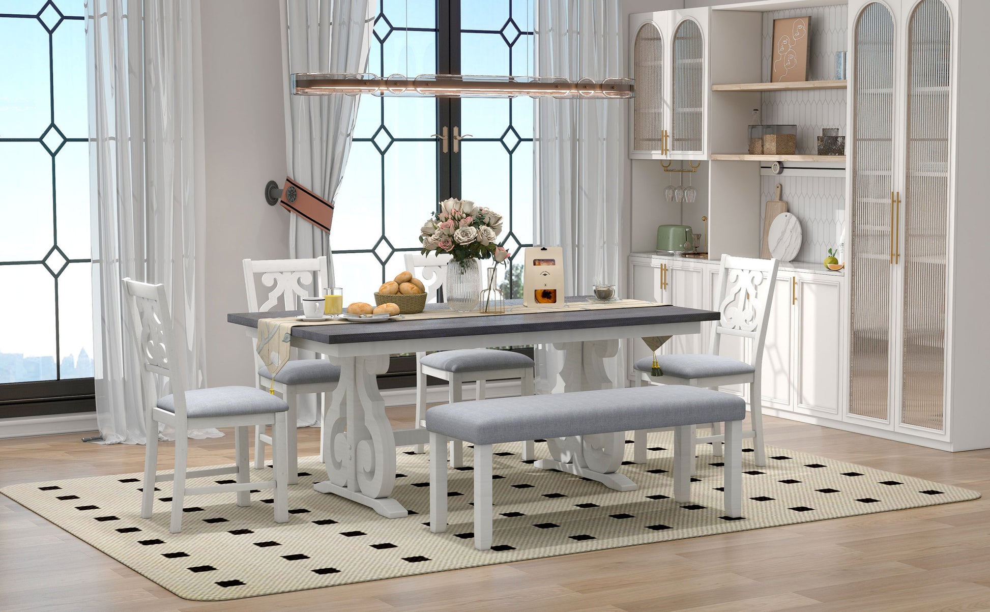 6 Piece Wooden Dining Table Set, Farmhouse Rectangular Dining Table, Four Chairs With Exquisitely Designed Hollow Chair Back And Bench For Home Dining Room Gray White White Gray Solid Wood