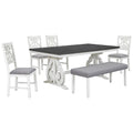 6 Piece Wooden Dining Table Set, Farmhouse Rectangular Dining Table, Four Chairs With Exquisitely Designed Hollow Chair Back And Bench For Home Dining Room Gray White White Gray Solid Wood