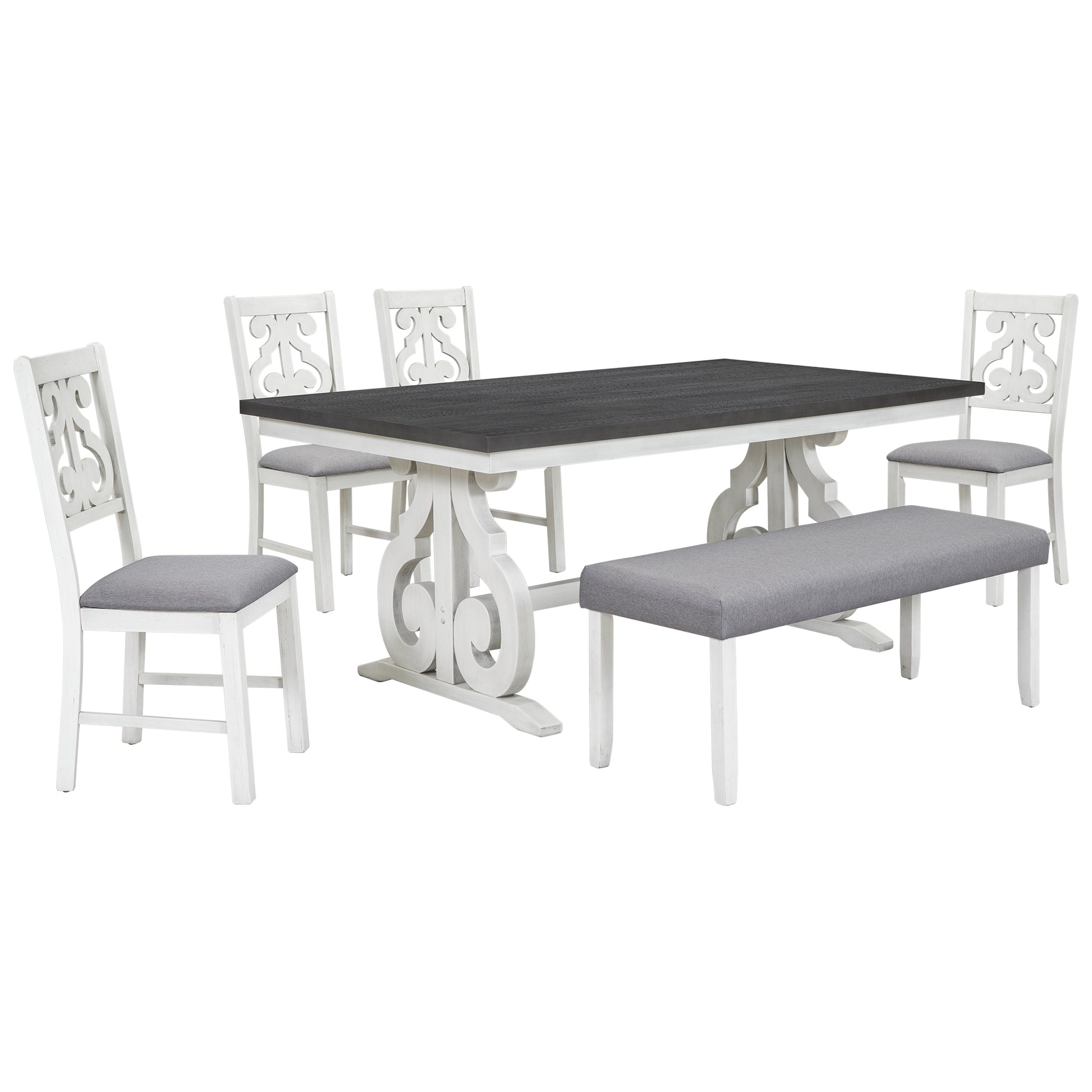 6 Piece Wooden Dining Table Set, Farmhouse Rectangular Dining Table, Four Chairs With Exquisitely Designed Hollow Chair Back And Bench For Home Dining Room Gray White White Gray Solid Wood