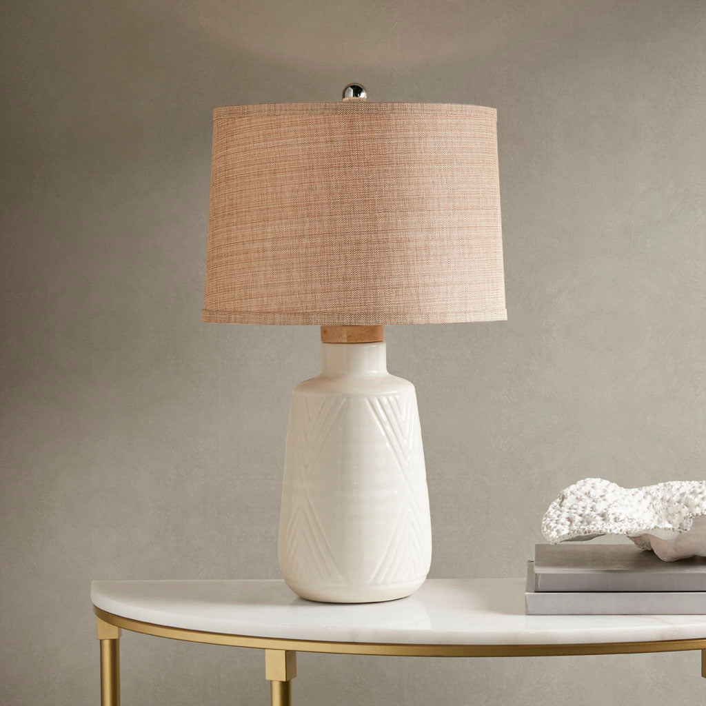 Boho Textured Ceramic Table Lamp Ivory Polyester