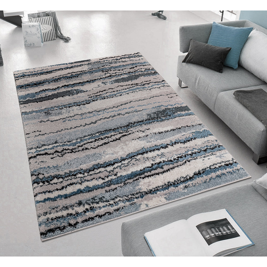 Watercolor Abstract Stripe Woven Area Rug Blue Polypropylene