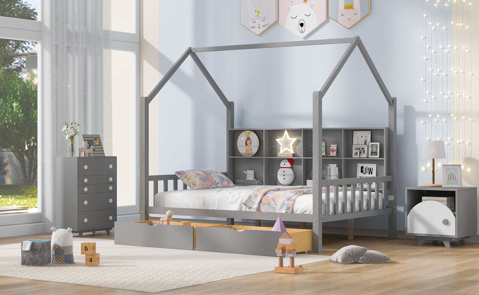 Wooden Full Size House Bed With 2 Drawers,Kids Bed With Storage Shelf, Gray Expected Arrival Time: 5.15 Gray Solid Wood