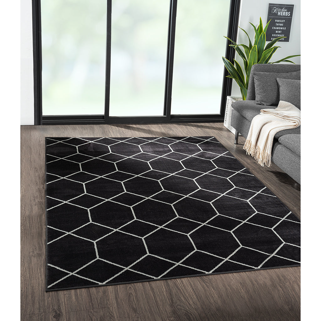 Trellis Geometric Woven Area Rug Black Cream Polyester