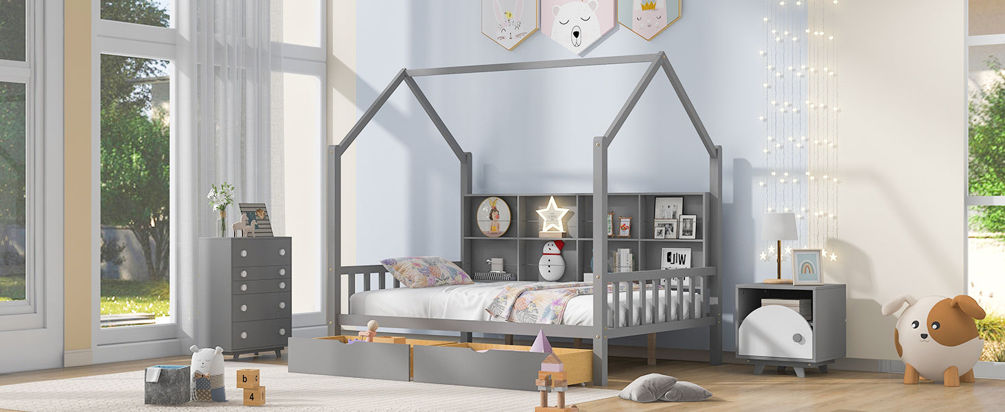 Wooden Full Size House Bed With 2 Drawers,Kids Bed With Storage Shelf, Gray Expected Arrival Time: 5.15 Gray Solid Wood