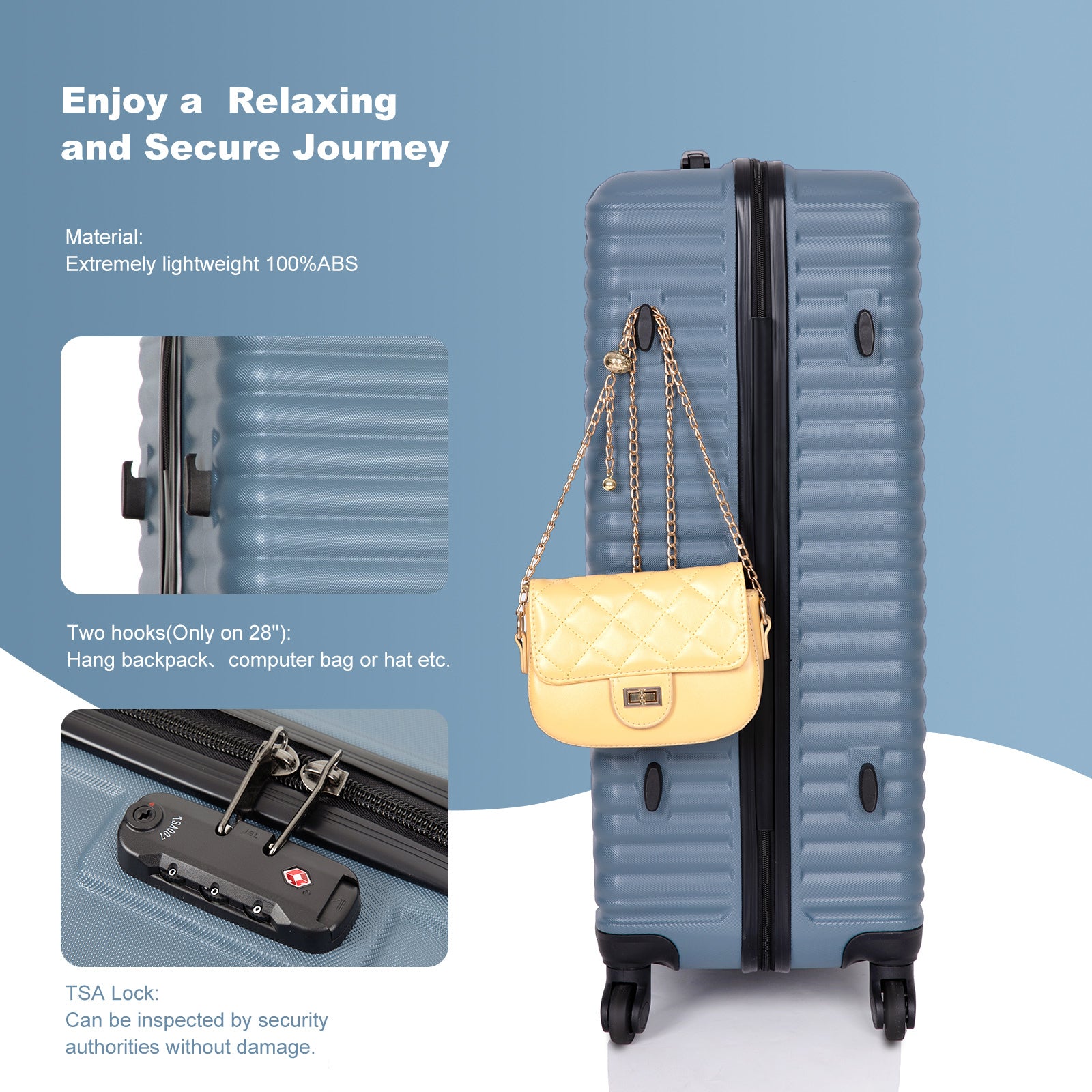 3 Piece Luggage Sets Abs Lightweight Suitcase With Two Hooks, Spinner Wheels, Tsa Lock, 20 24 28 Blue Blue Abs