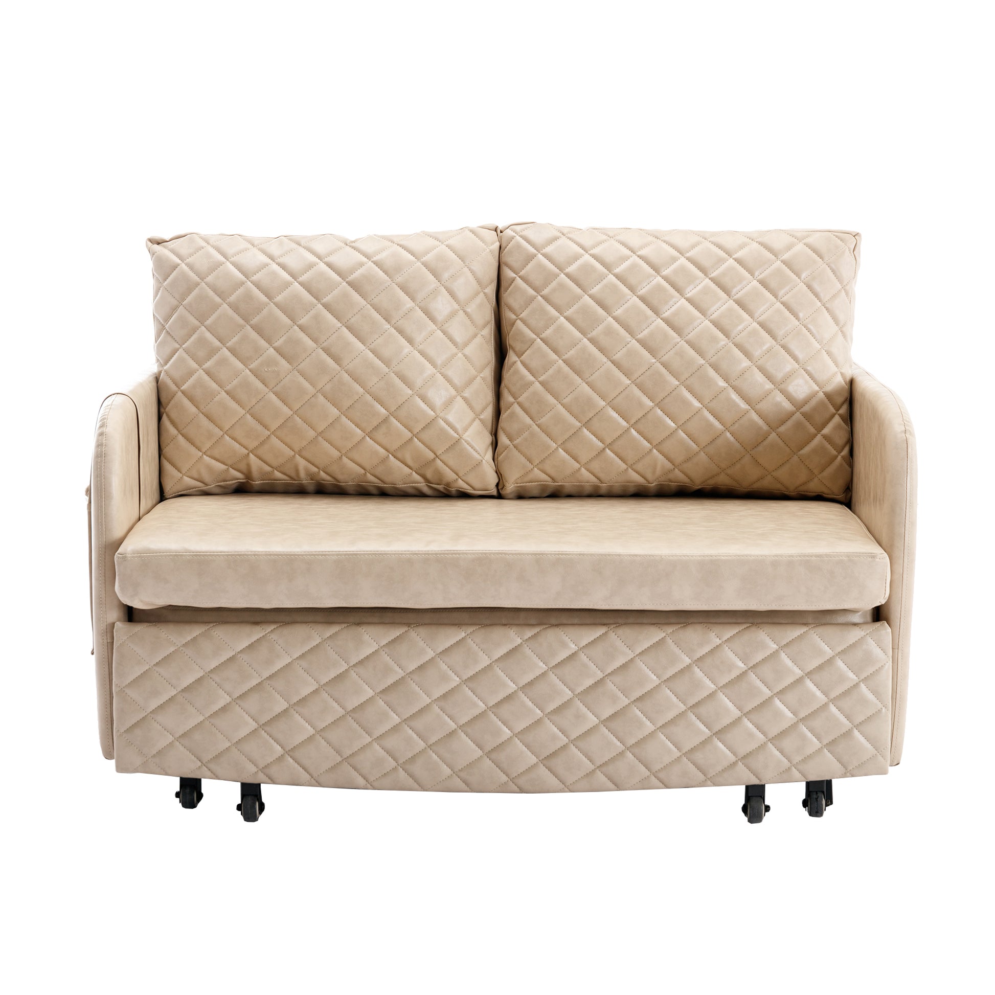 Coolmore Convertible Sleeper Sofa Bed, Modern Velvet Loveseat Couch With Pull Out Bed, Small Beautiful Seat Futon Sofa Bed With Headboard, 2 Pillows & Side Pockets For Living Room Camel Pu