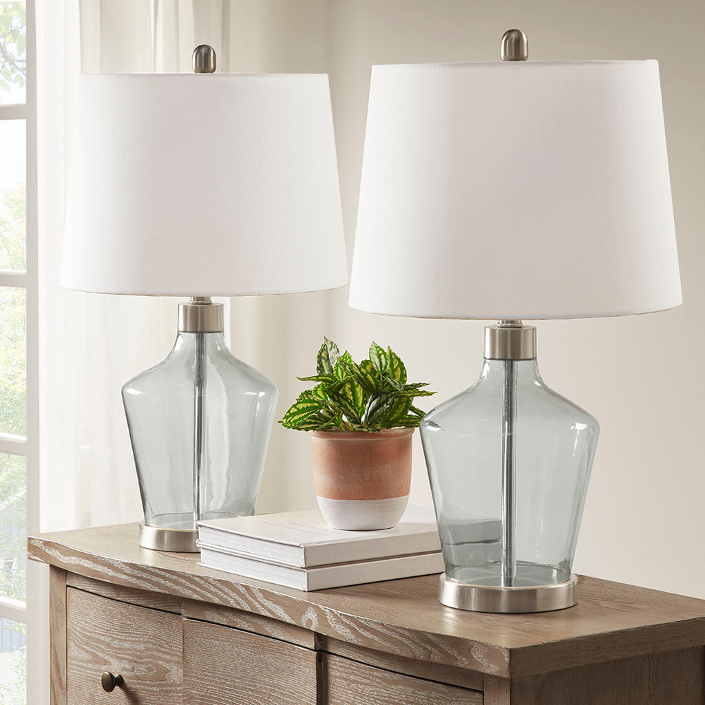 Harmony Angular Glass Table Lamp, Set Of 2 Grey Cotton