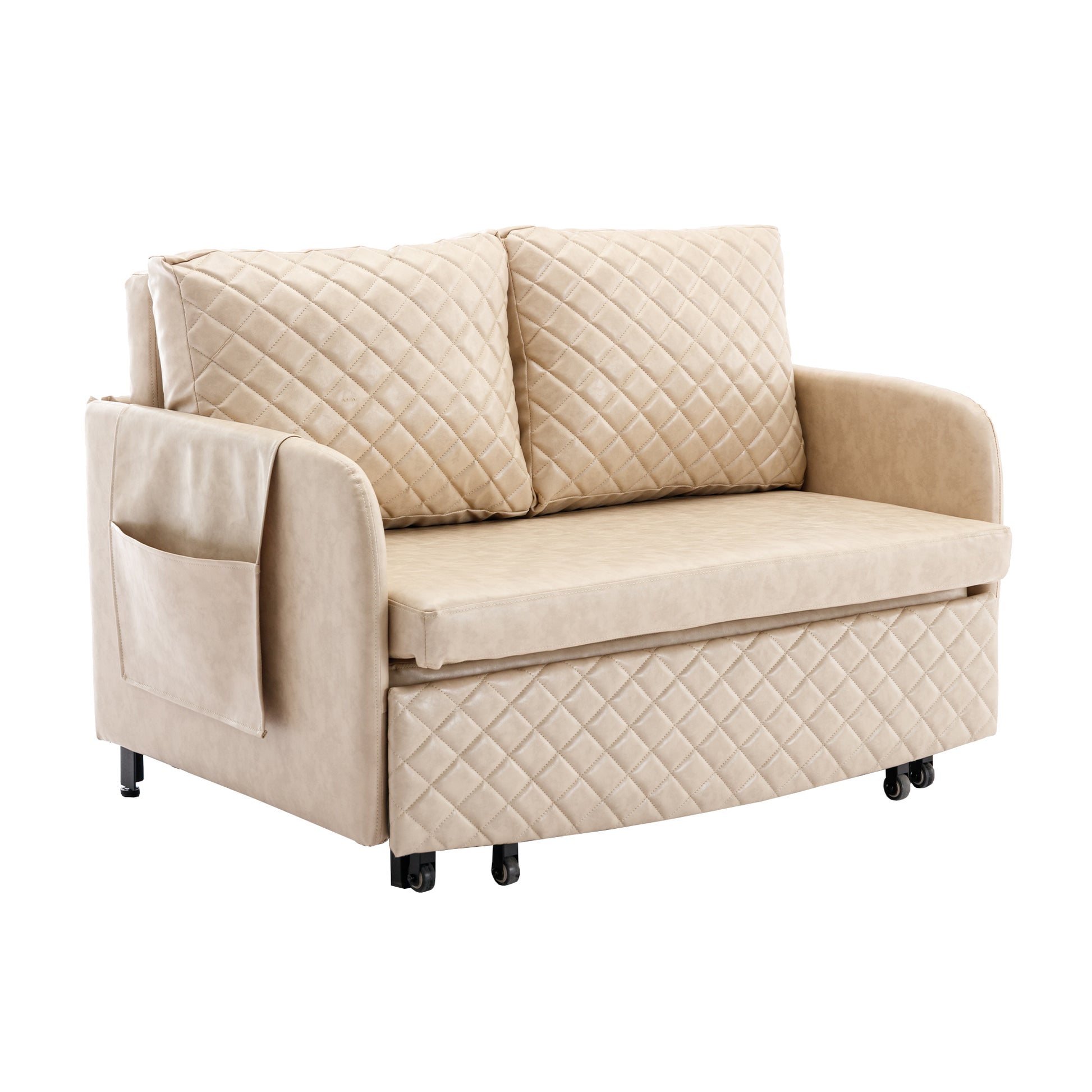 Coolmore Convertible Sleeper Sofa Bed, Modern Velvet Loveseat Couch With Pull Out Bed, Small Beautiful Seat Futon Sofa Bed With Headboard, 2 Pillows & Side Pockets For Living Room Camel Pu