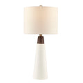 Triangular Ceramic And Wood Table Lamp White Base Cream Shade Polyester