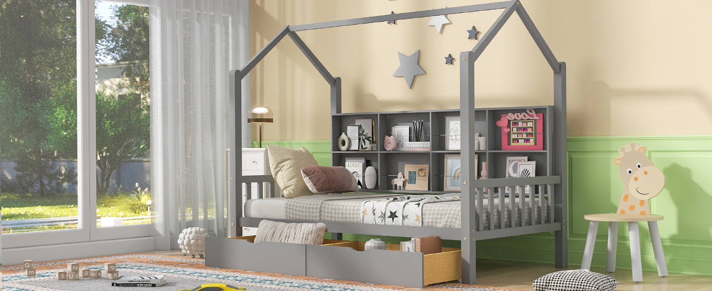 Wooden Twin Size House Bed With 2 Drawers,Kids Bed With Storage Shelf, Gray Twin Gray Solid Wood