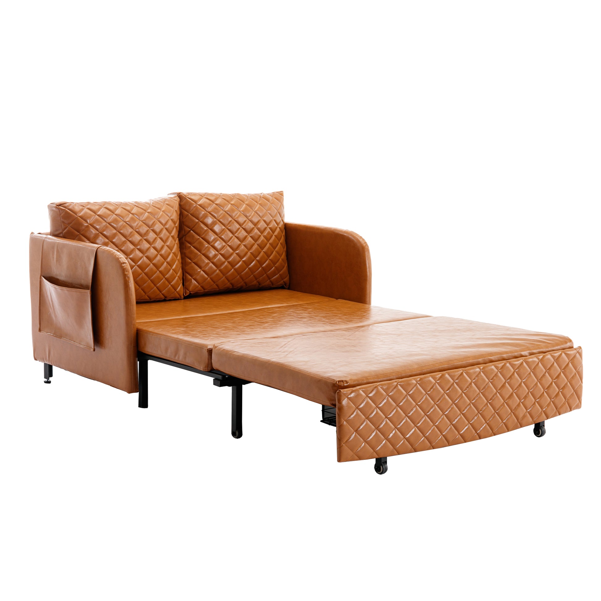 Coolmore Convertible Sleeper Sofa Bed, Modern Velvet Loveseat Couch With Pull Out Bed, Small Beautiful Seat Futon Sofa Bed With Headboard, 2 Pillows & Side Pockets For Living Room Brown Pu