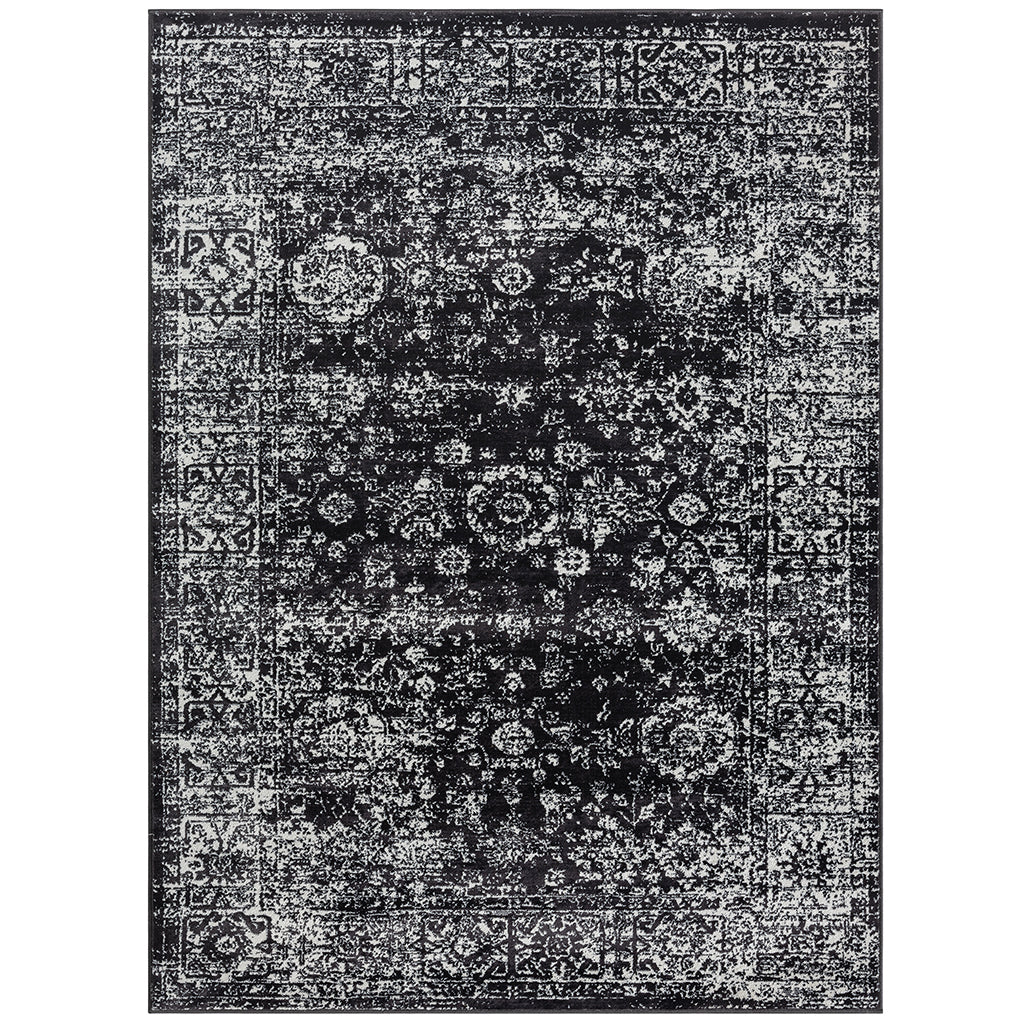 Distressed Vintage Persian Woven Area Rug Black Cream Polyester