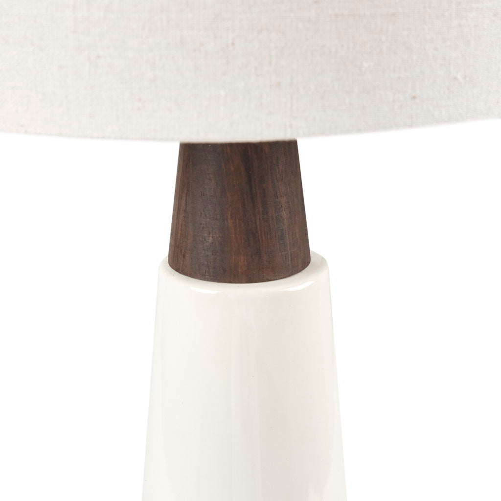 Triangular Ceramic And Wood Table Lamp White Base Cream Shade Polyester