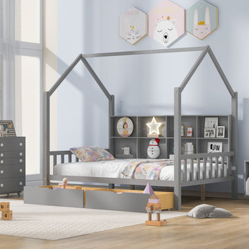 Wooden Full Size House Bed With 2 Drawers,Kids Bed With Storage Shelf, Gray Expected Arrival Time: 5.15 Gray Solid Wood