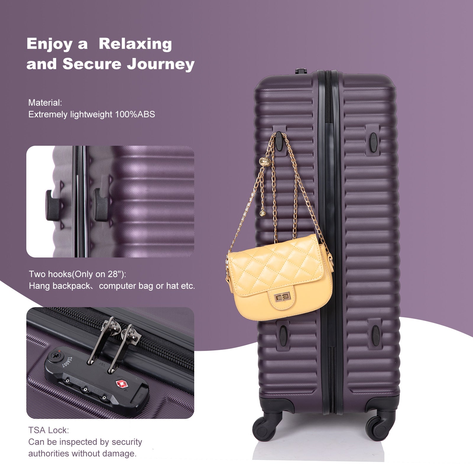 3 Piece Luggage Sets Abs Lightweight Suitcase With Two Hooks, Spinner Wheels, Tsa Lock, 20 24 28 Purple Purple Abs