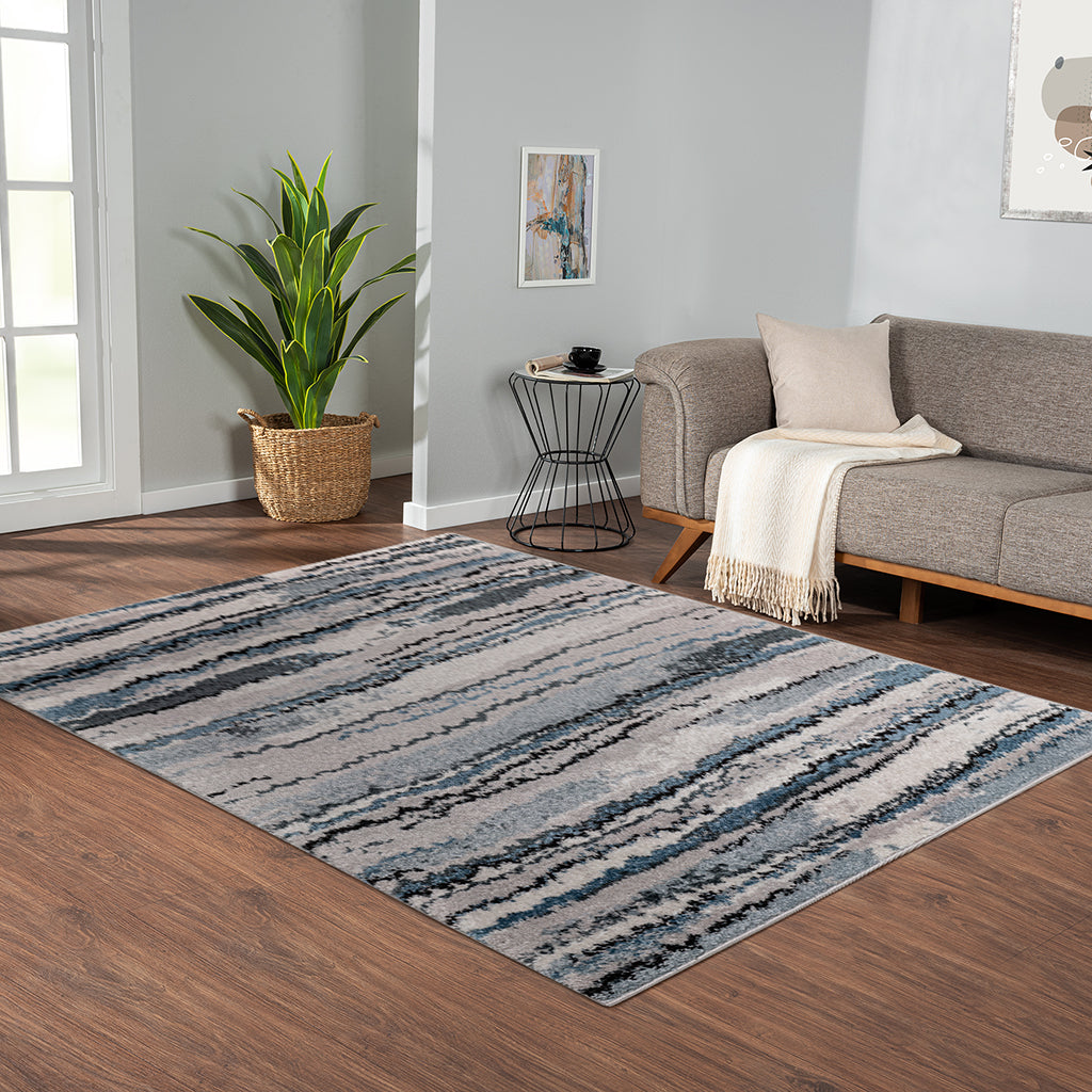 Watercolor Abstract Stripe Woven Area Rug Blue Polyester