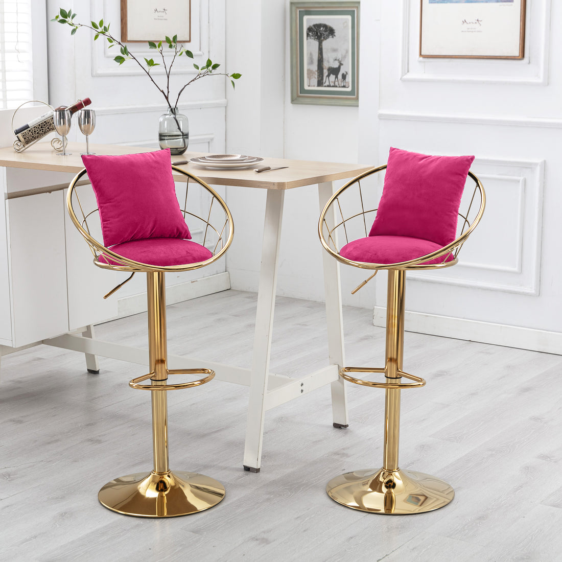 Rose Red Velvet Bar Chair, Pure Gold Plated, Unique Design,360 Degree Rotation.Adjustable Height,Suitable For Dinning Room And Bar,Set Of 2 Rose Red Velvet