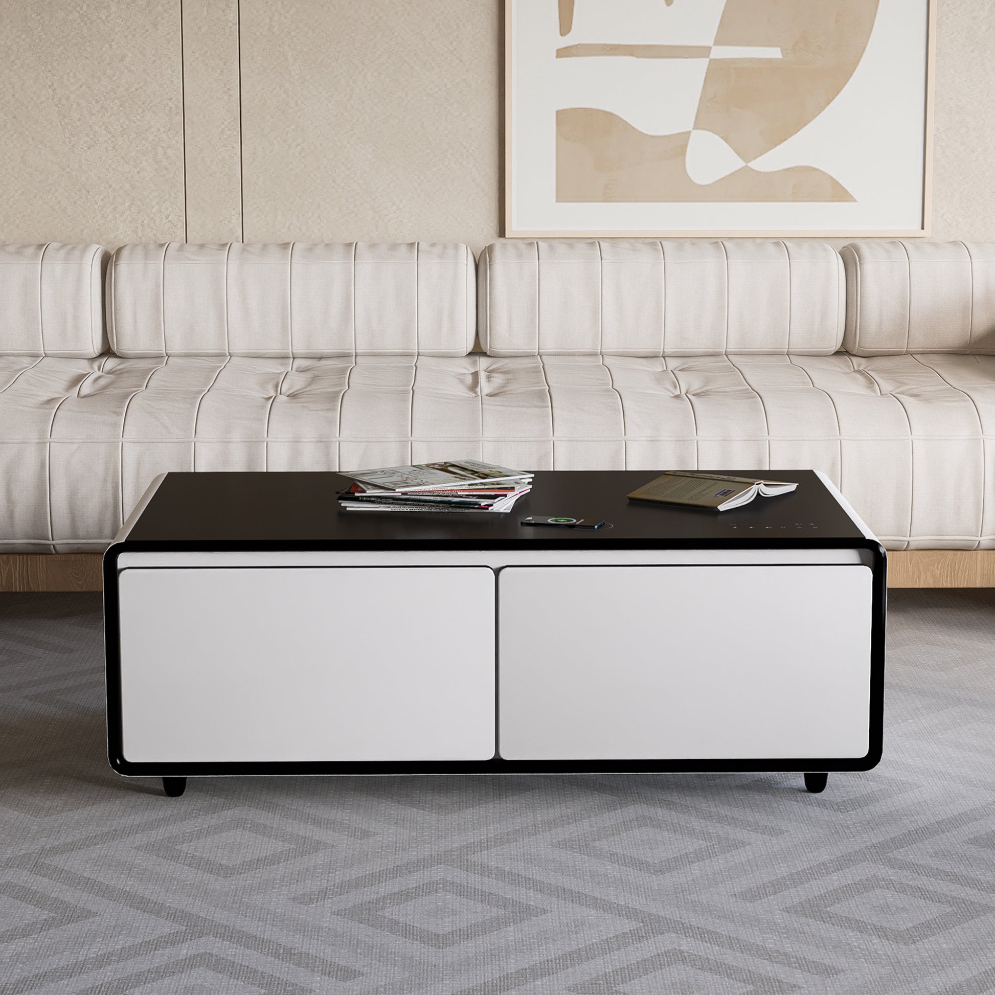 Modern Smart Coffee Table With Built In Fridge, Bluetooth Speaker, Wireless Charging Module, Touch Control Panel, Power Socket, Usb Interface, Outlet Protection, Atmosphere Light, White White Black Built In Outlets Or Usb Primary Living Space