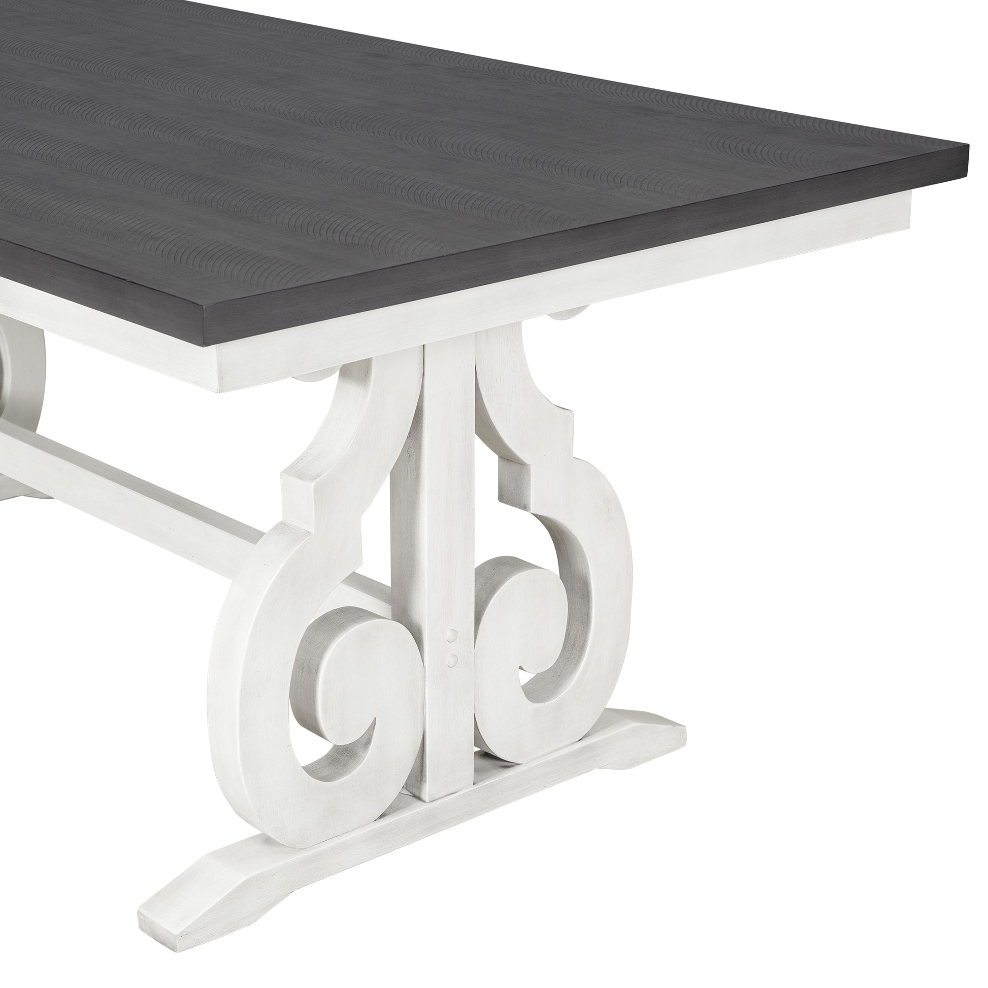 6 Piece Wooden Dining Table Set, Farmhouse Rectangular Dining Table, Four Chairs With Exquisitely Designed Hollow Chair Back And Bench For Home Dining Room Gray White White Gray Solid Wood