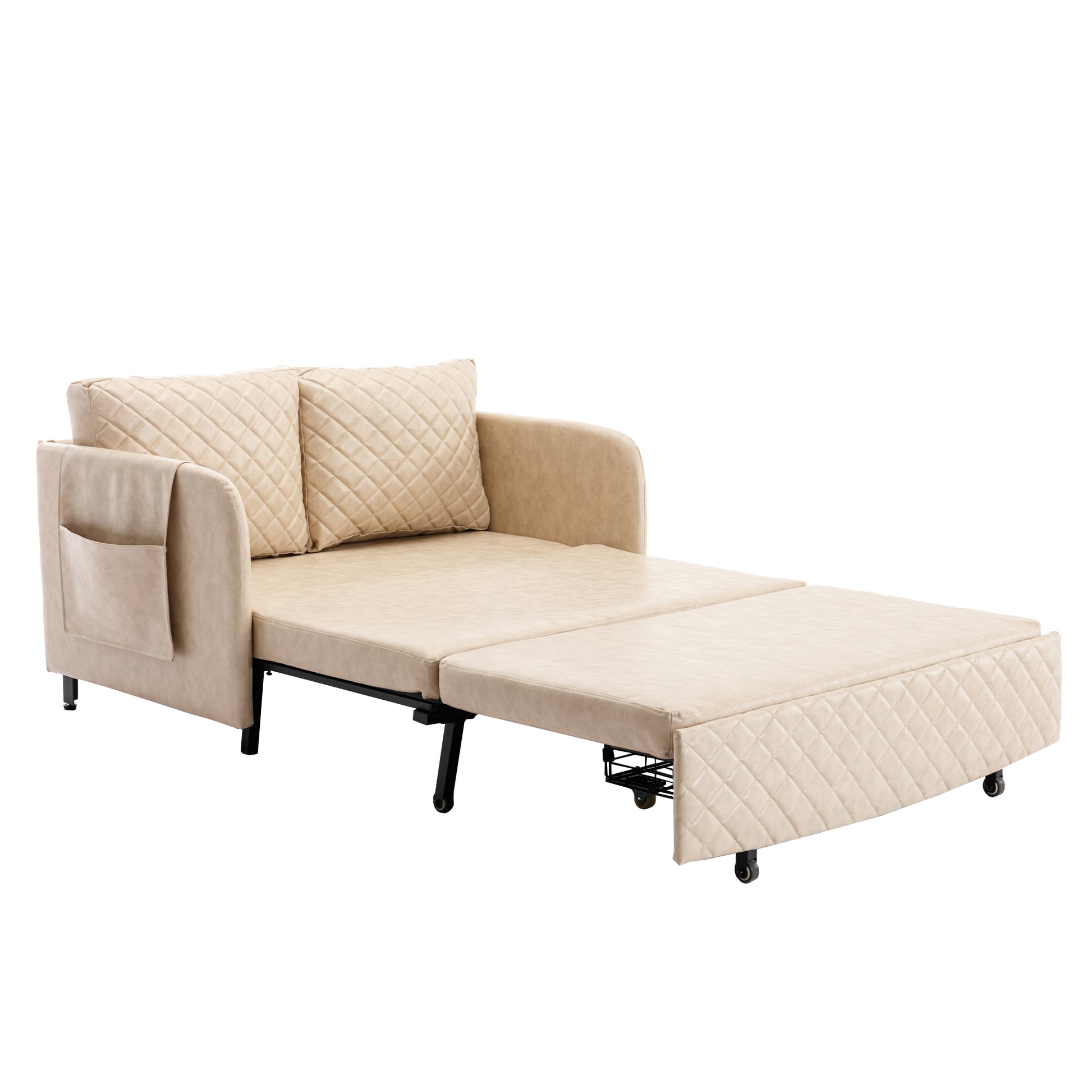 Coolmore Convertible Sleeper Sofa Bed, Modern Velvet Loveseat Couch With Pull Out Bed, Small Beautiful Seat Futon Sofa Bed With Headboard, 2 Pillows & Side Pockets For Living Room Camel Pu