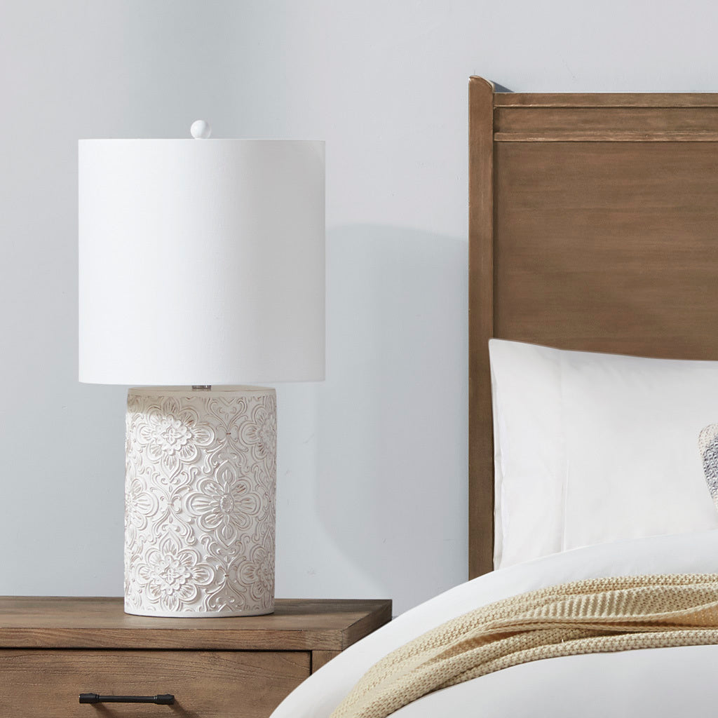 Embossed Floral Resin Table Lamp Ivory Cotton