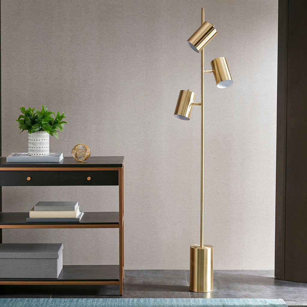 3 Light Metal Floor Lamp Gold Cotton