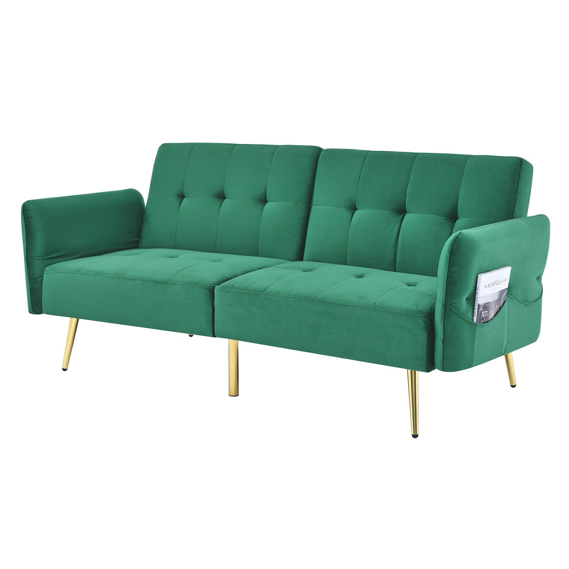 78" Italian Velvet Futon Sofa Bed, Convertible Sleeper Loveseat Couch With Folded Armrests And Storage Bags For Living Room And Small Space, Green 280G Velvet Green Foam Solid Wood