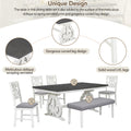 6 Piece Wooden Dining Table Set, Farmhouse Rectangular Dining Table, Four Chairs With Exquisitely Designed Hollow Chair Back And Bench For Home Dining Room Gray White White Gray Solid Wood