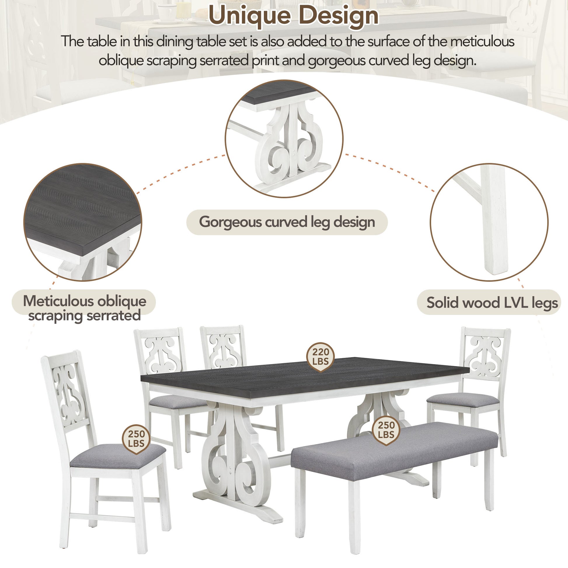 6 Piece Wooden Dining Table Set, Farmhouse Rectangular Dining Table, Four Chairs With Exquisitely Designed Hollow Chair Back And Bench For Home Dining Room Gray White White Gray Solid Wood