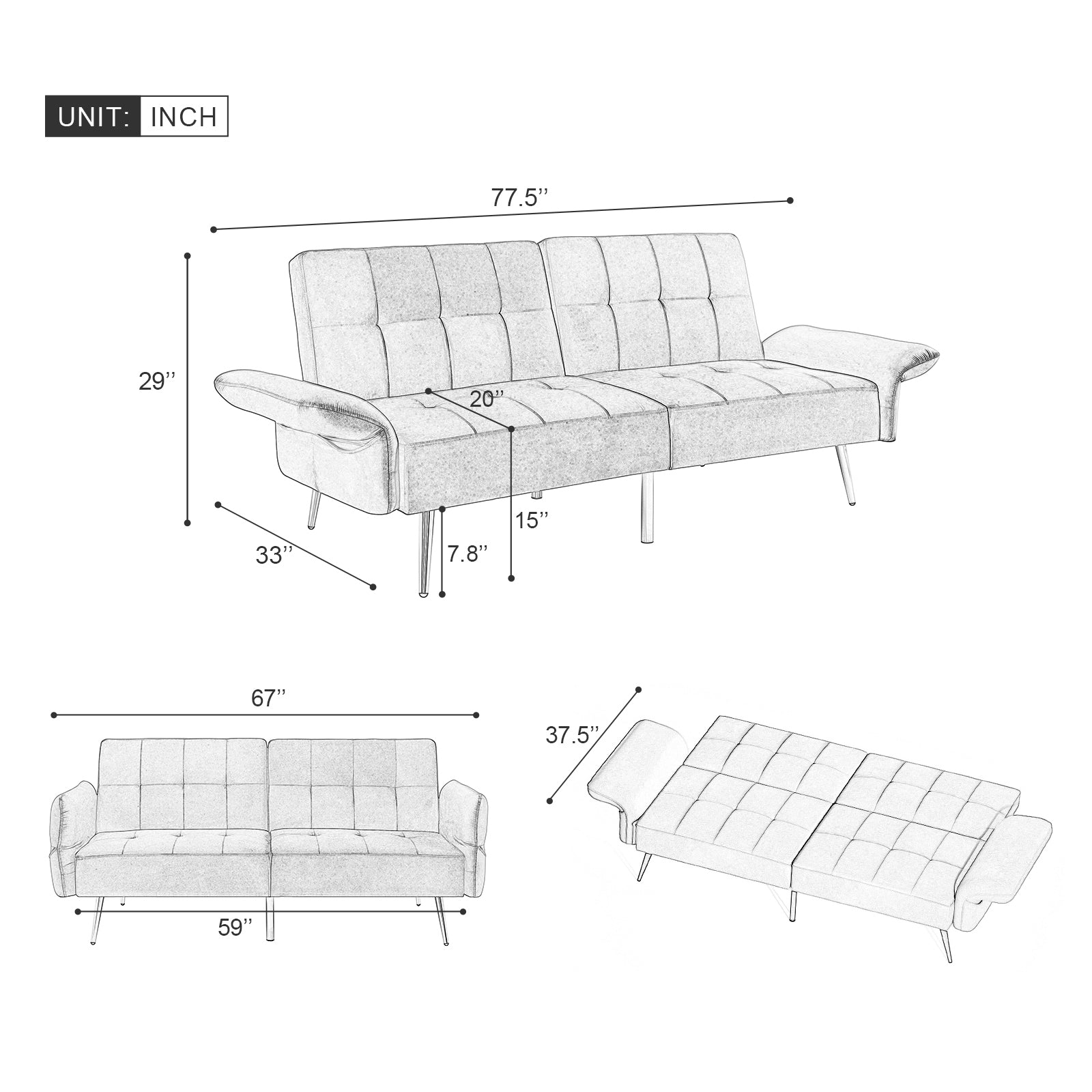 78" Italian Velvet Futon Sofa Bed, Convertible Sleeper Loveseat Couch With Folded Armrests And Storage Bags For Living Room And Small Space, Grey 280G Velvet Gray Foam Solid Wood