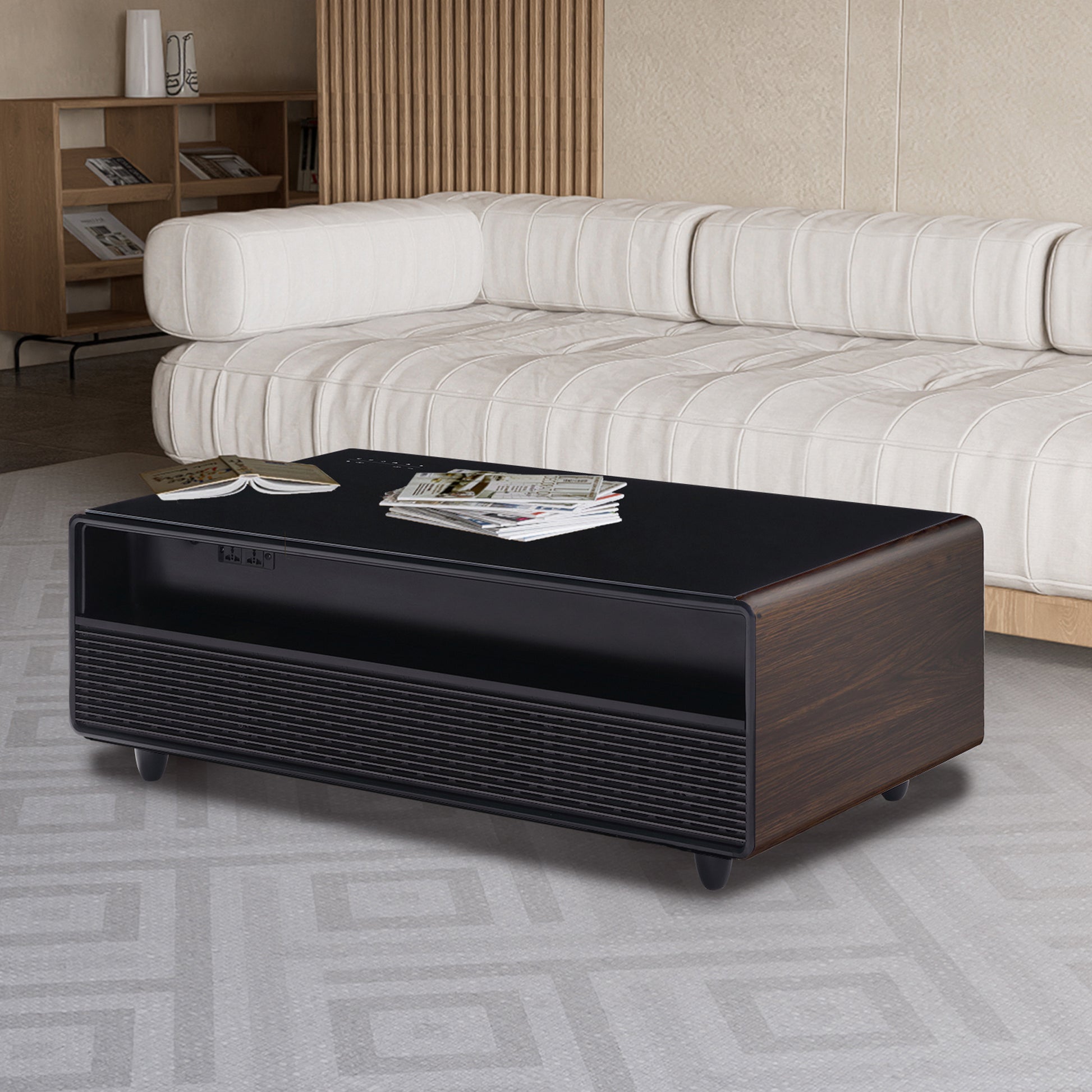 Modern Smart Coffee Table With Built In Fridge, Bluetooth Speaker, Wireless Charging Module, Touch Control Panel, Power Socket, Usb Interface, Outlet Protection, Atmosphere Light, And More, Brown Black Brown Built In Outlets Or Usb Primary Living Space