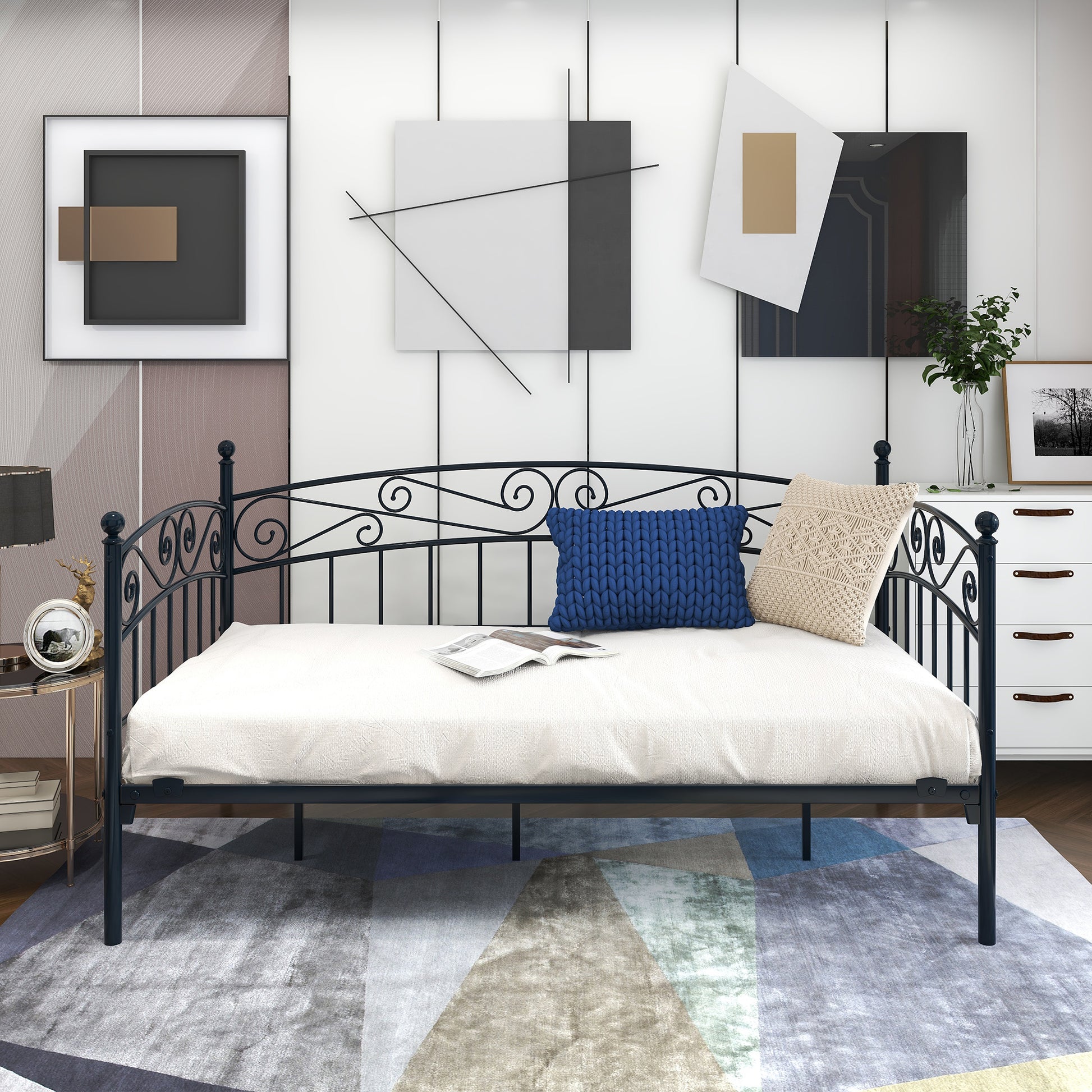 Metal Daybed Frame Multifunctional Mattress Foundation Bed Sofa With Headboard, Twin, Black Box Spring Not Required Twin Black Metal Bedroom Metal