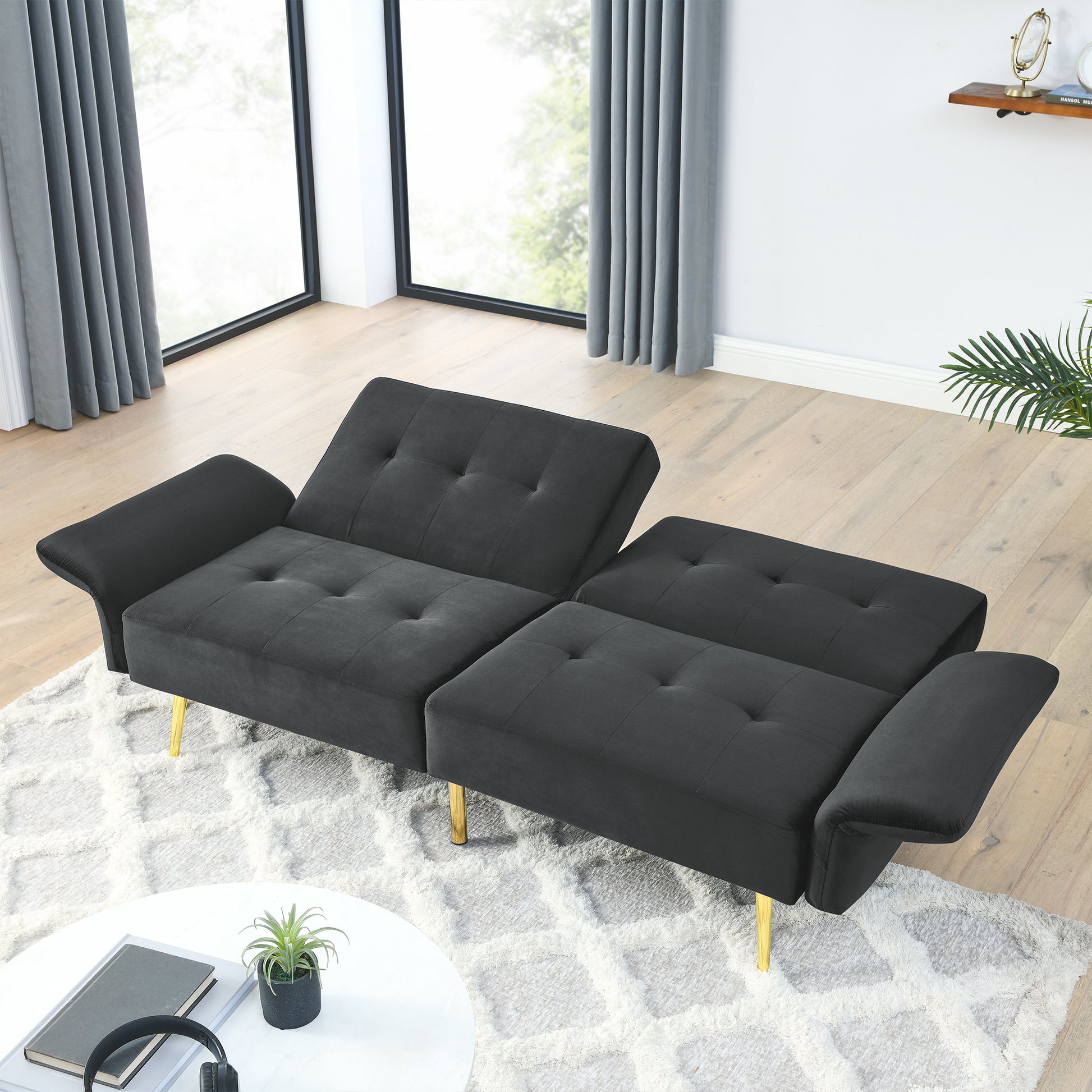 78" Italian Velvet Futon Sofa Bed, Convertible Sleeper Loveseat Couch With Folded Armrests And Storage Bags For Living Room And Small Space, Black 280G Velvet Black Foam Solid Wood