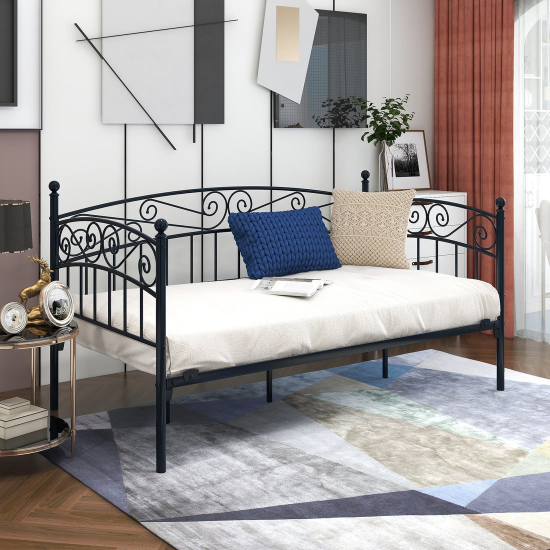 Metal Daybed Frame Multifunctional Mattress Foundation Bed Sofa With Headboard, Twin, Black Box Spring Not Required Twin Black Metal Bedroom Metal