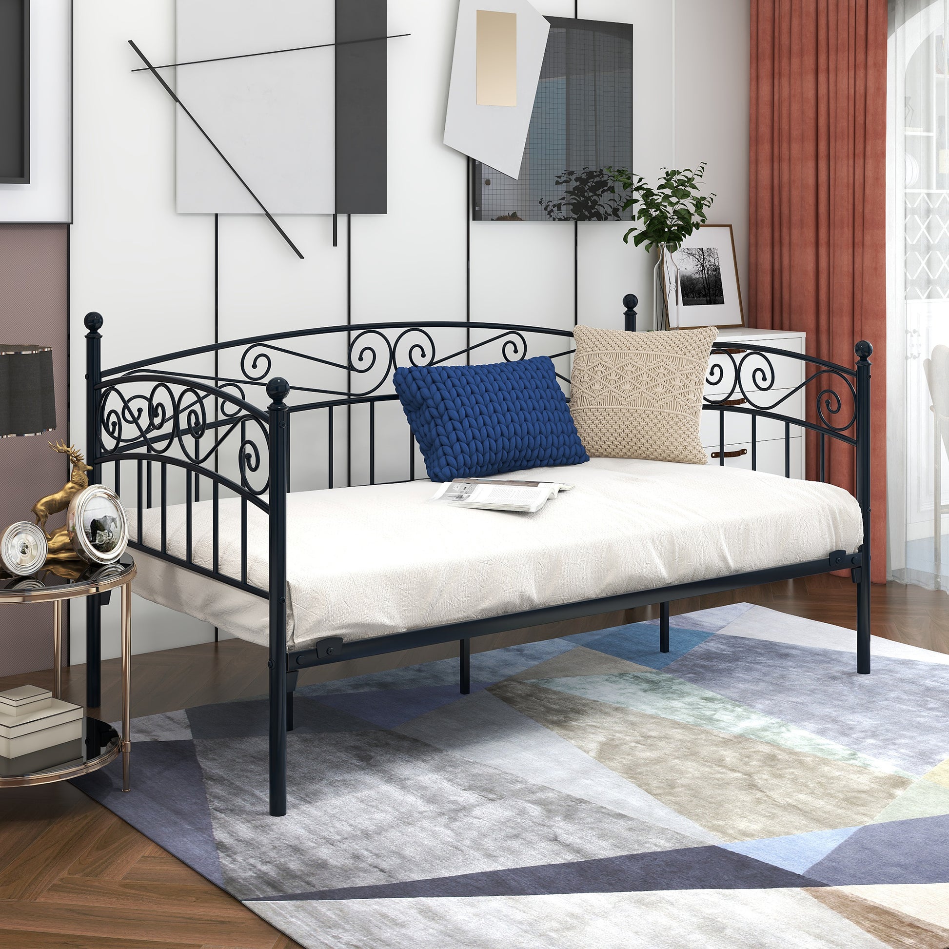 Metal Daybed Frame Multifunctional Mattress Foundation Bed Sofa With Headboard, Twin, Black Box Spring Not Required Twin Black Metal Bedroom Metal