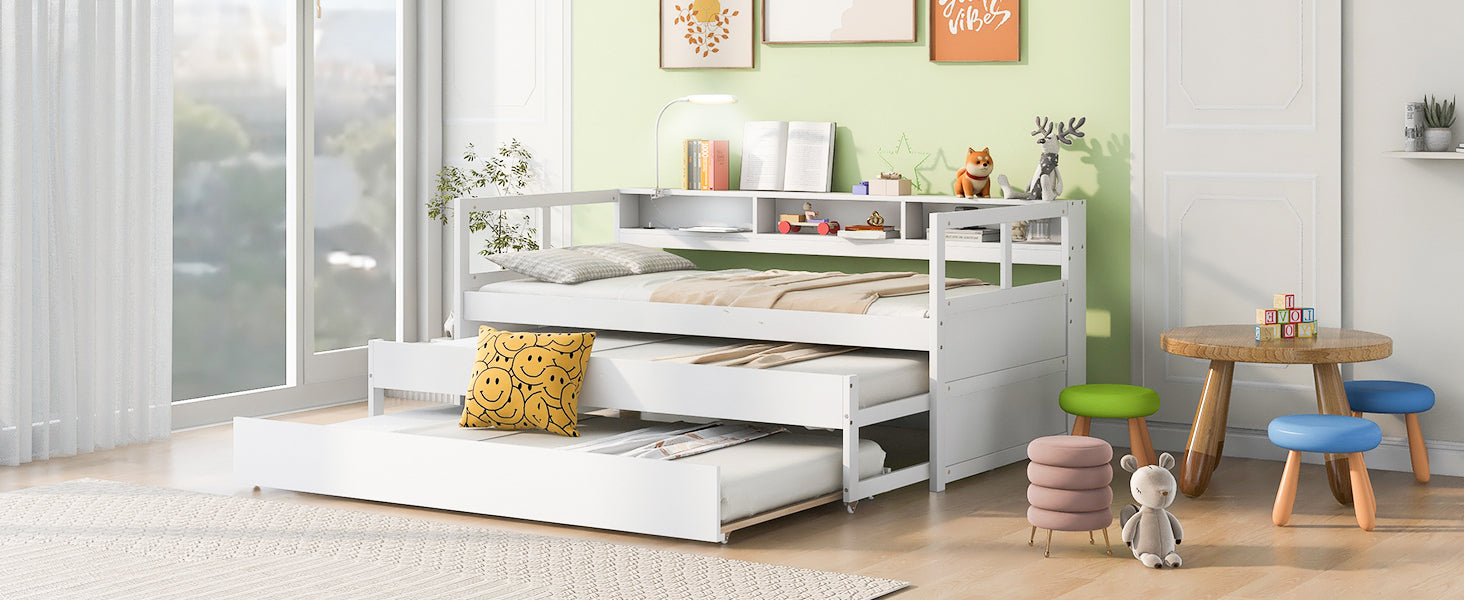 Twin Xl Wood Daybed With 2 Trundles, 3 Storage Cubbies, 1 Light And Usb Charging Design, White Gray Solid Wood