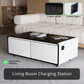 Modern Smart Coffee Table With Built In Fridge, Bluetooth Speaker, Wireless Charging Module, Touch Control Panel, Power Socket, Usb Interface, Outlet Protection, Atmosphere Light, White White Black Built In Outlets Or Usb Primary Living Space