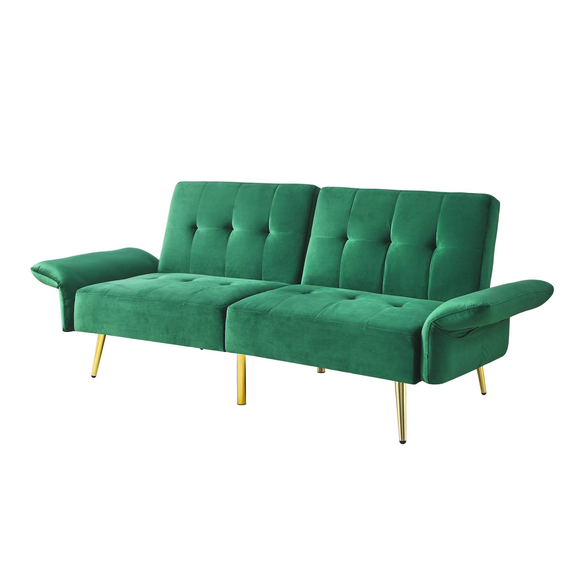 78" Italian Velvet Futon Sofa Bed, Convertible Sleeper Loveseat Couch With Folded Armrests And Storage Bags For Living Room And Small Space, Green 280G Velvet Green Foam Solid Wood