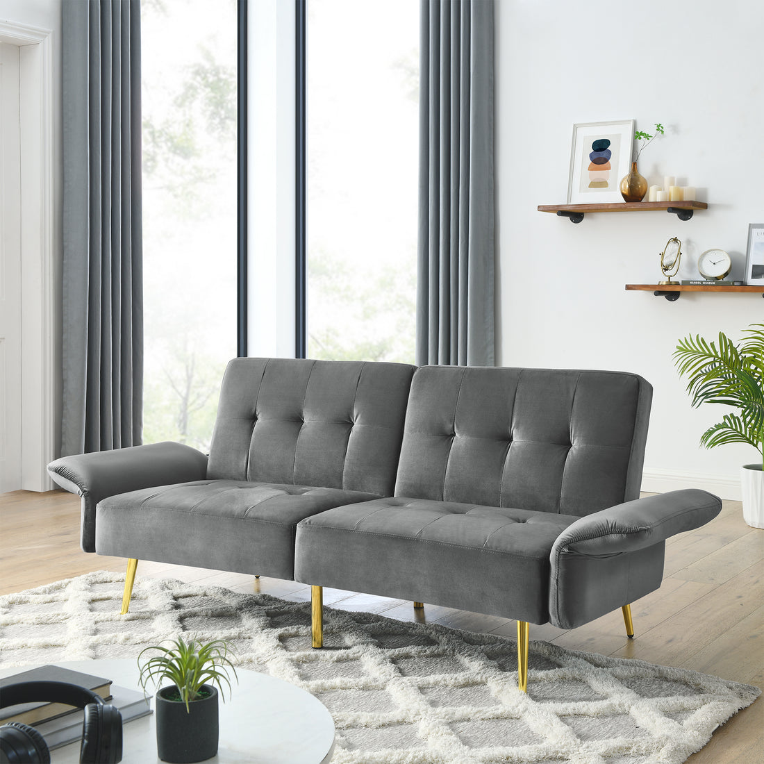 78" Italian Velvet Futon Sofa Bed, Convertible Sleeper Loveseat Couch With Folded Armrests And Storage Bags For Living Room And Small Space, Grey 280G Velvet Gray Foam Solid Wood