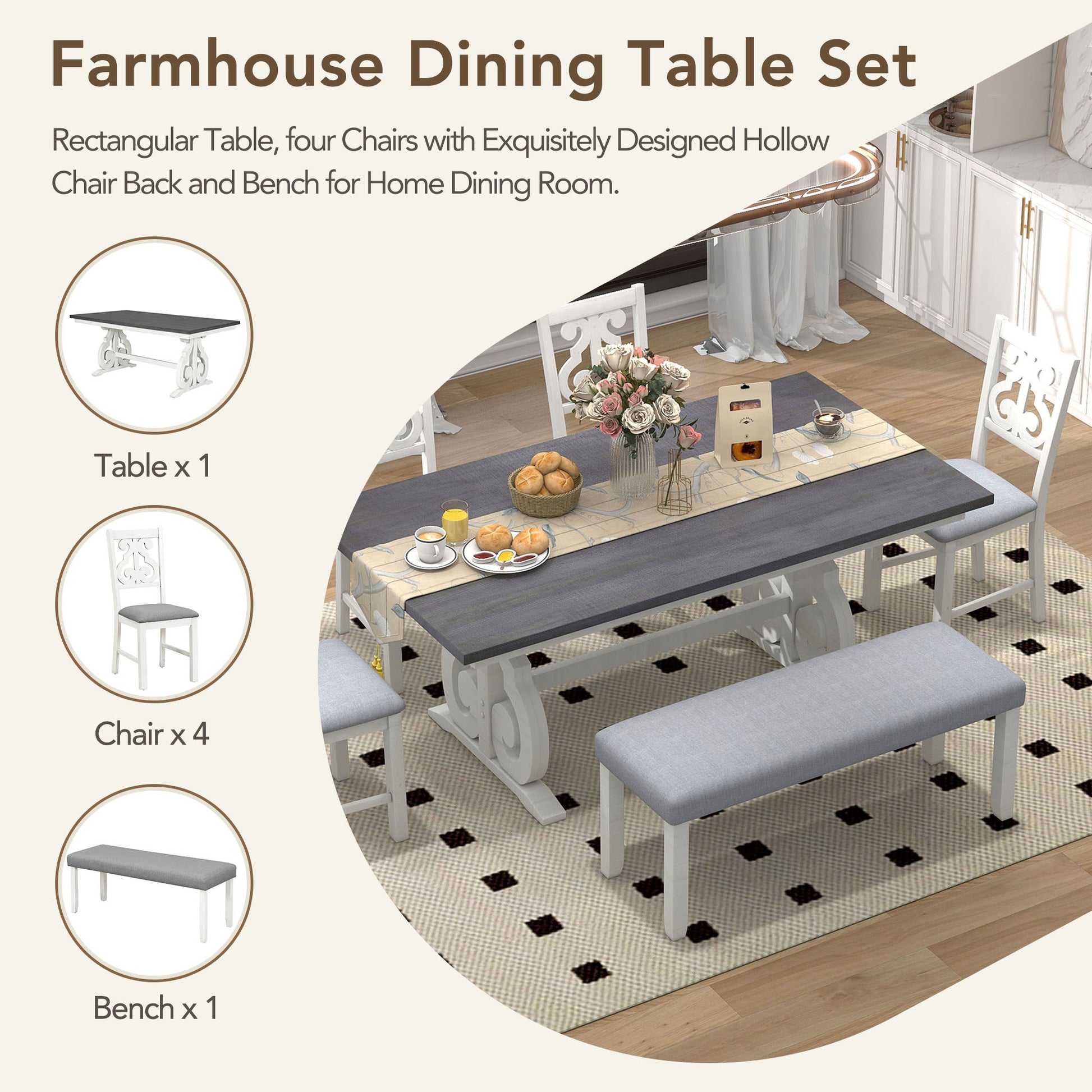 6 Piece Wooden Dining Table Set, Farmhouse Rectangular Dining Table, Four Chairs With Exquisitely Designed Hollow Chair Back And Bench For Home Dining Room Gray White White Gray Solid Wood