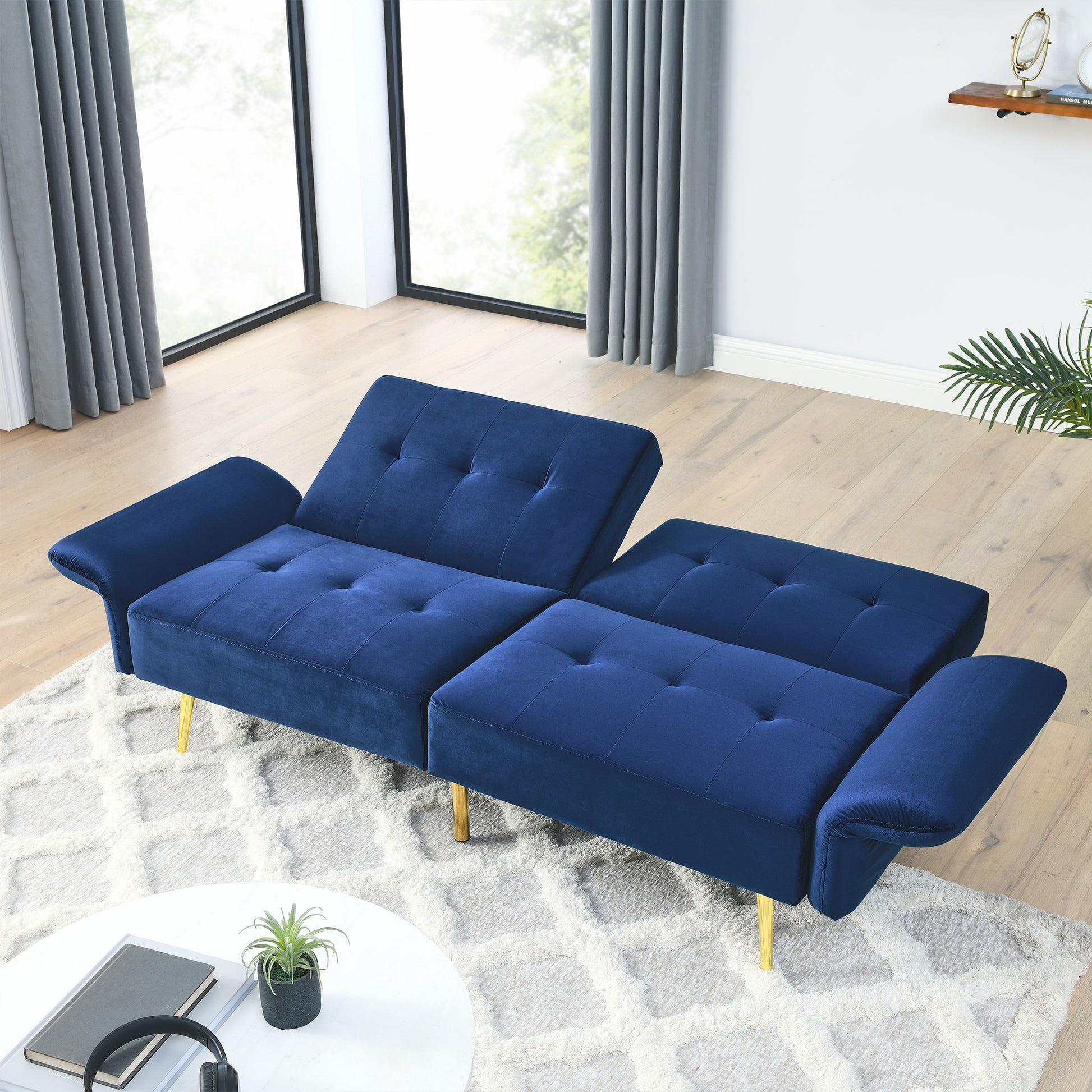 78" Italian Velvet Futon Sofa Bed, Convertible Sleeper Loveseat Couch With Folded Armrests And Storage Bags For Living Room And Small Space, Navy 280G Velvet Navy Foam Solid Wood