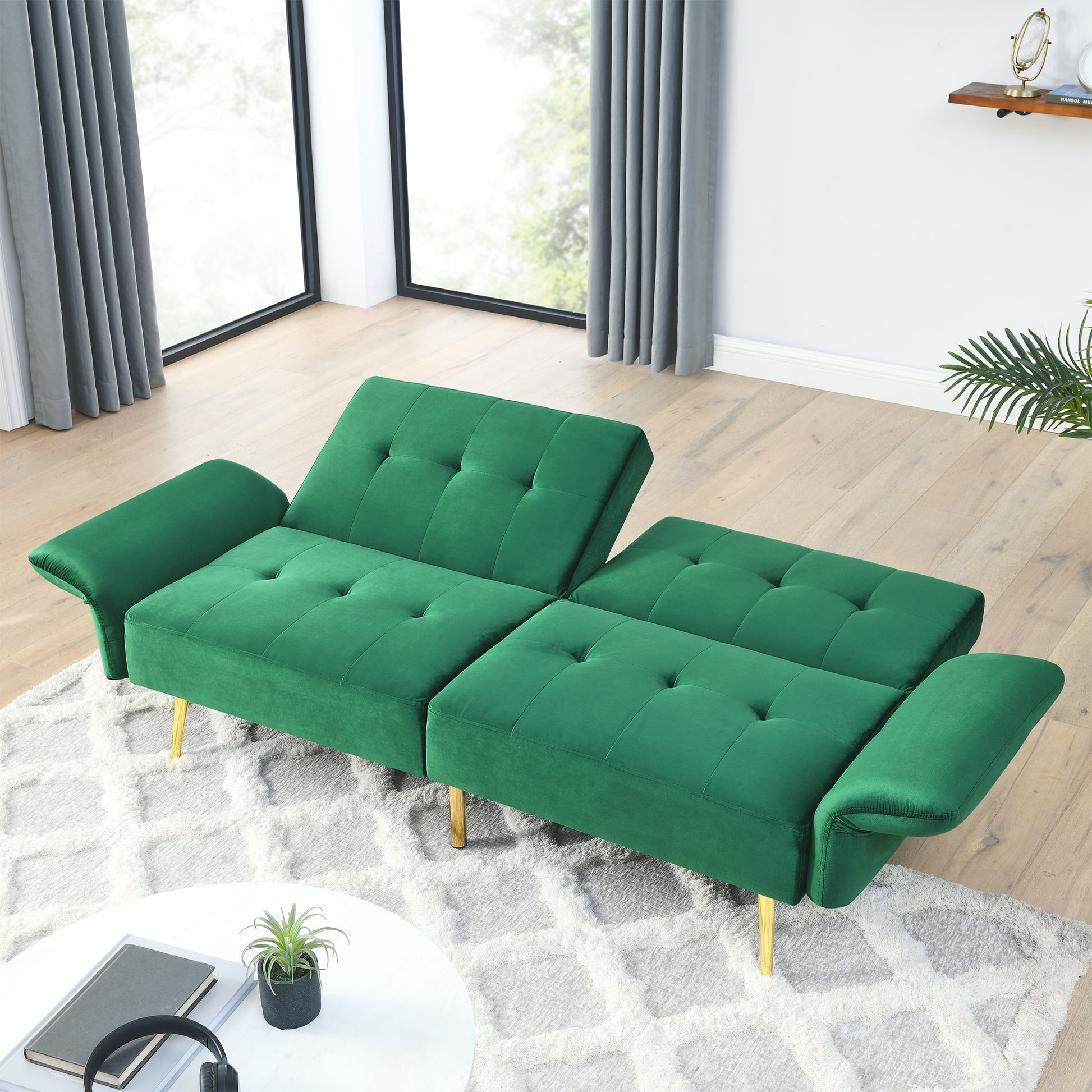 78" Italian Velvet Futon Sofa Bed, Convertible Sleeper Loveseat Couch With Folded Armrests And Storage Bags For Living Room And Small Space, Green 280G Velvet Green Foam Solid Wood